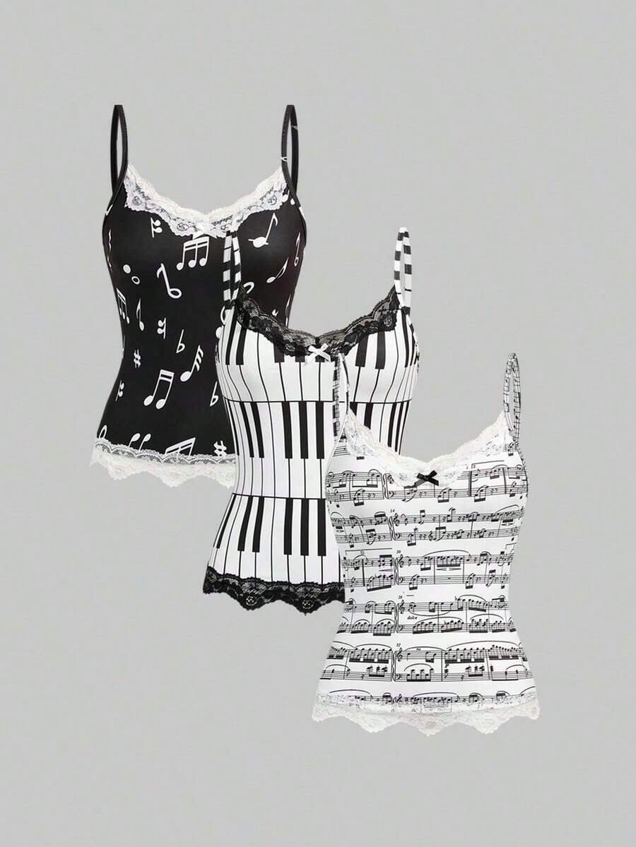 ROMWE Conjunto de 3 piezas con camiseta de tirantes con encaje y estampado de notas musicales y teclado de piano, estilo retro Y2K - Blanco y Negro - Ver 1