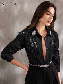 Blusa blanca de manga larga con estilo francés elegante y brillante de Aliao, digna y apropiada, adecuada para mujeres en primavera, festivales, vacaciones, conciertos y otras ocasiones, color negro - Negro 2 - Ver 4