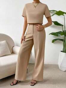 Camisa crop unicolor & Pantalones de pierna ancha - Camel - Ver 3