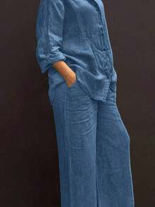 Cardigan casual con cuello polo ligero, blusa elegante de unicolor versátil adecuada para la playa, el diario, el trabajo, las compras, de tela suave, pantalones sueltos con cintura elástica, conjunto de 2 piezas, primavera/verano/otoño - Azul - Ver 10