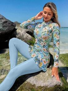 Swim  Set de 2 piezas de burkini de manga larga casual de primavera/verano con estampado tropical y floral aleatorio para mujer, ideal para la playa y el resort - Multicolor 3 - Ver 4