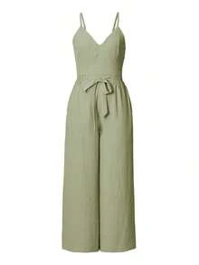 Conjunto de top de tirantes básico y pantalones de unicolor para mujeres, adecuado para uso diario - Verde - Ver 6