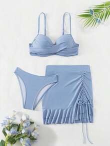 Swim Conjunto de bikini sólido sexy de 3 piezas para mujer con sujetador cruzado y aro, que incluye falda y camisa de cubierta para el verano - Azul - Ver 7