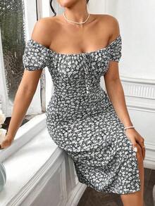 Vestido Con Estampado Floral De Hombros Descubiertos Con Abertura Y Cinturón En La Cintura - Negro - Ver 5
