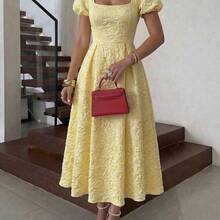 Women's Spring/Summer Elegant Square Neck Petal Sleeve Floral Textured Waist Cinched Flare Hem Midi Dress, Suitable For Vacation, Wedding, Party - Rosa - Ver 2