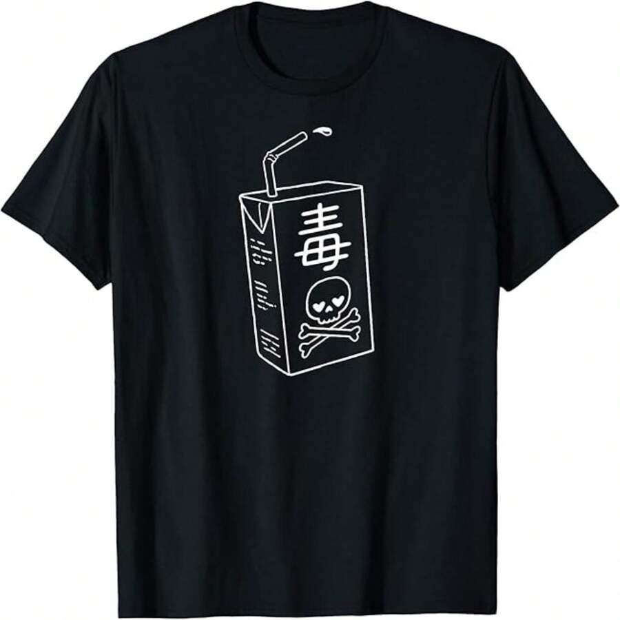 Casual Women's Black Cotton Regular Fit Round Neck Short Sleeve T-Shirt with Unique Juice Box Print and Skull Design - Negro - Ver 1
