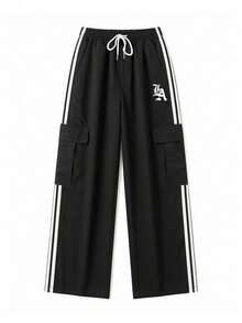 Pantalones rectos de moda casual para hombres con estampado de letras, cintura con cordón y bolsillos cargo a rayas - Negro - Ver 2