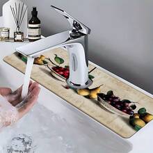 1 pièce Tapis de robinet imprimé motif citron, en polyester durable, séchage rapide, facile à nettoyer, convient pour la cuisine et la salle de bain, facile à installer, décoration quotidienne, cadeau, tapis de salle de bain, tapis de robinet durable, accessoire de robinet - Multicolore - Voir 3