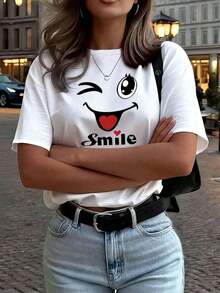 Women's White Short-Sleeved T-Shirt With Round Neck And Cartoon Print, Graphic Tee, Suitable For Summer, Autumn And Winter Outfits. - 白色的 - 查看 9