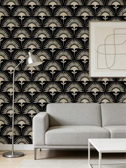 Este papel tapiz presenta un fondo negro con patrones en forma de abanico dorados, diseñado en un estilo bohemio con material de goma de cloropreno removible y autoadhesivo. El diseño minimalista moderno es adecuado para decorar gabinetes, acentuar dormitorios, decorar paredes y superficies de pared especiales o decoración de interiores en todo el hogar.