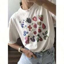 Women's T-Shirt With Colorful Butterfly And Petal Print For A Super Happy Summer, Fashionable Short Sleeve Round Neck T-Shirt, Cute Cartoon T-Shirt For Women, Women's Clothing - 白色的 - 查看 6