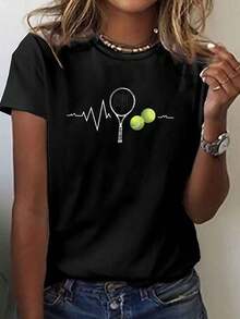 Camiseta de manga corta con estampado de raqueta para mujer, de algodón puro y cuello redondo - Camiseta de manga corta con líneas de latidos y estampado de raqueta, adecuada para uso diario, conjuntos casuales y para usar en capas - Lavable a máquina. - Negro - Ver 1