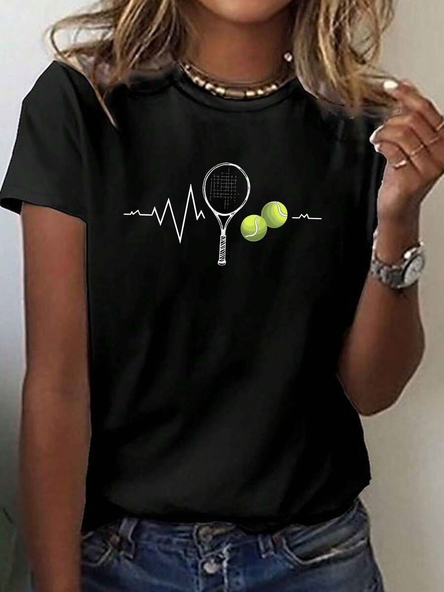 Camiseta de manga corta con estampado de raqueta para mujer, de algodón puro y cuello redondo - Camiseta de manga corta con líneas de latidos y estampado de raqueta, adecuada para uso diario, conjuntos casuales y para usar en capas - Lavable a máquina. - Negro - Ver 1