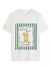 Camiseta de manga corta estampada para mujer, 100% algodón, estilo veraniego, tejido de algodón puro, diseño multifuncional, corte regular, 1 unidad. - Blanco - Ver 3