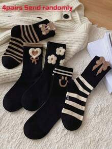 4/5 Pairs Women's Cute Bear&Heart&Flower&Bow Pattern Mid-Calf Socks, Fashionable And Comfortable, Colors Random, Suitable For All Seasons - Multicolor - View 5