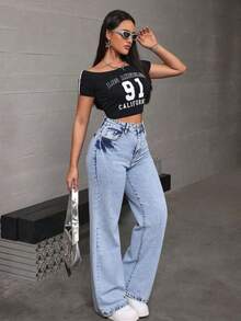 Straight-Leg Dark Blue Denim Jeans With A Butt-Lifting Effect And A Loose, Stretchy Fit - 淺藍色雪花 - 查看 9