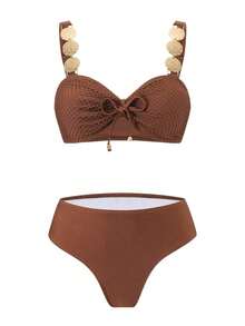 Swim Oasis Conjunto de traje de baño de verano para mujer, estilo elegante y noble personalizado, de tela especial calada, para playa, piscina, ocio, fiesta y vacaciones, primavera/verano - Marrón - Ver 3