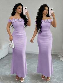 Elegante, encantador y sexy vestido de punto ajustado con hombros descubiertos, fruncido y con estampado floral para fiestas, vacaciones, primavera/verano - Morado - Ver 8