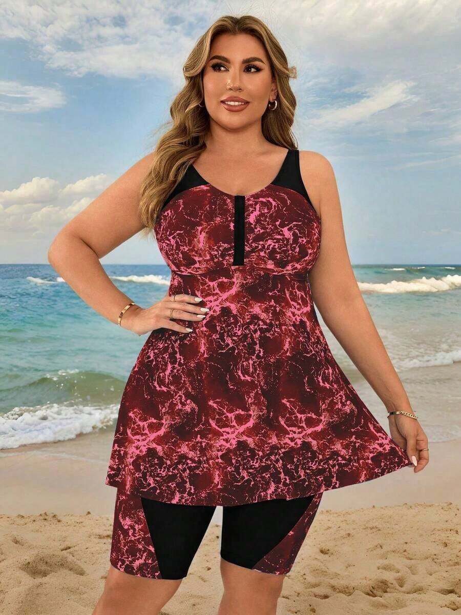 Swim Lushoire Conjunto de tankini de mujer talla grande con estampado de teñido anudado azul y blanco para playa y vacaciones - Burdeos - Ver 1