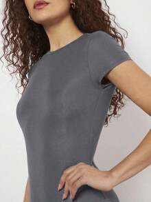 BASICS Set de 4 bodys de mujer ajustados de manga corta y cuello redondo de punto de unicolor informal - Gris - Ver 5