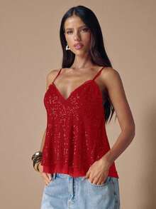 Camiseta de mujer con decoración de lentejuelas - Rojo - Ver 4