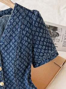 Vestido vaquero de mujer de moda casual con cuello en V y abotonadura sencilla - Azul lavado medio - Ver 6