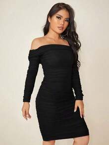 Vestido De Malla Entallado Con Hombros Descubiertos Con Pliegues - Negro - Ver 3