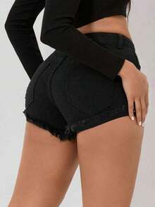 PETITE Shorts mezclilla desgarro bajo crudo - Negro 2 - Ver 2