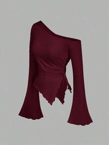 MOD Camiseta de moda de manga larga con hombro oblicuo, bajo asimétrico y lazo lateral de unicolor para mujer - Burdeos - Ver 7