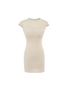 Vestido primavera-verano con combinación de tul, cuello redondo y manga corta, corte ajustado que estiliza y favorece la figura - Albaricoque - Ver 1