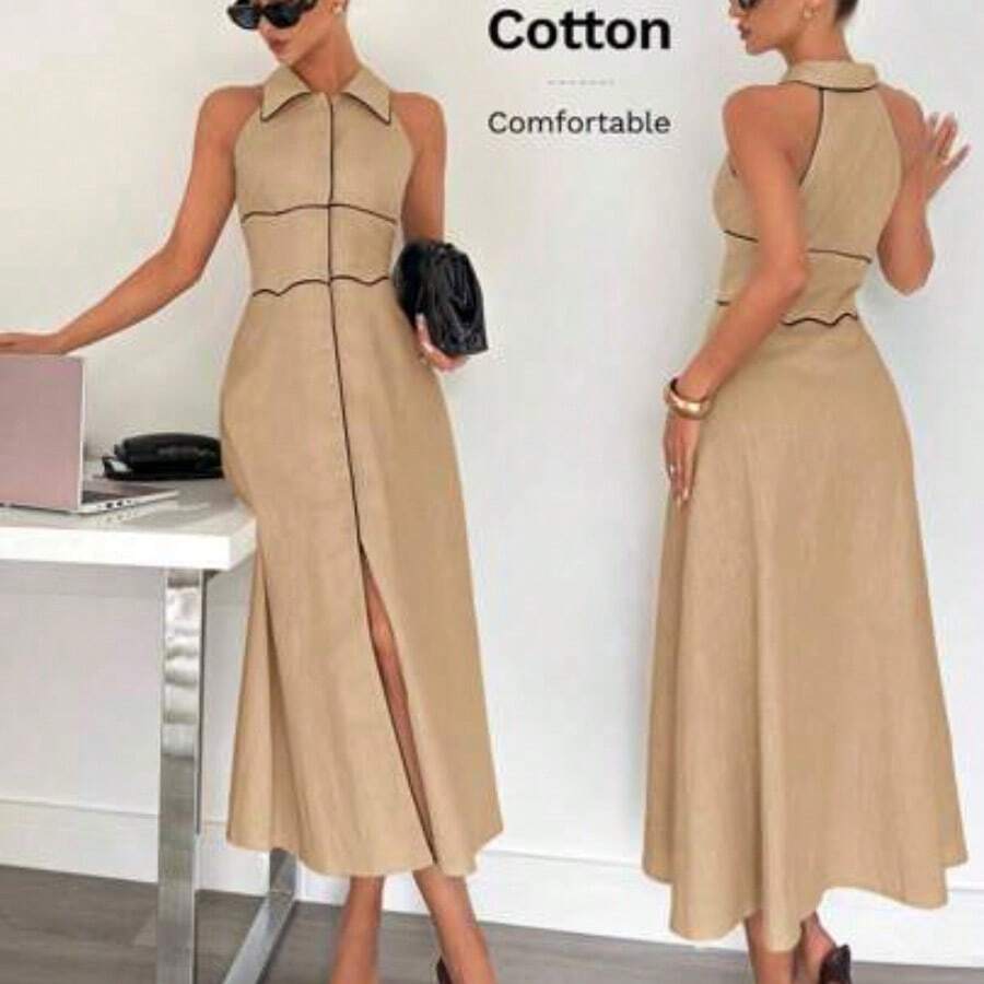 Women's 100% Cotton Shirt Collar Sleeveless Contrast Trim Flared Midi Dress, Ladies Linen Clothing Elegant Summer Evening Dress Formal - Camel - Ver 1