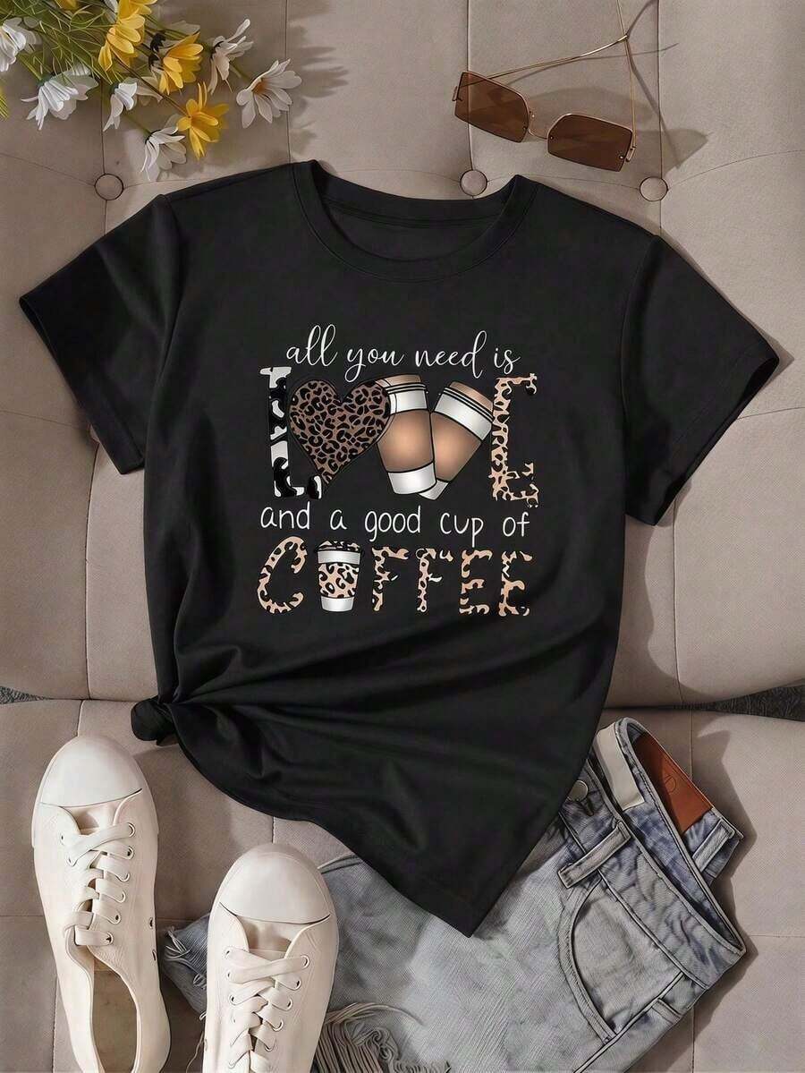 Camiseta Casual para Mujer con Estampado de Amante del Café, Manga Corta, Cuello Redondo, Poliéster con Detalles de Estampado de Leopardo, Top de Longitud Regular para Estilo Diario 6U8S - Negro - Ver 1