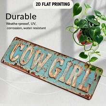 Vintage Decorative Art Style "Cowgirl" 2D Flat Sign - Distressed Turquoise & White Dual-Tone Metal Wall Decor, 40.01 X 10.01 Cm, Pre-Drilled Holes For Easy Hanging - Suitable For Bars, Restaurants, Porches, Gardens, Western-Themed Spaces, Cowboy Decor, 2D Flat Design, Perfect For Interior Decoration, 2D Flat Effect - A - View 5