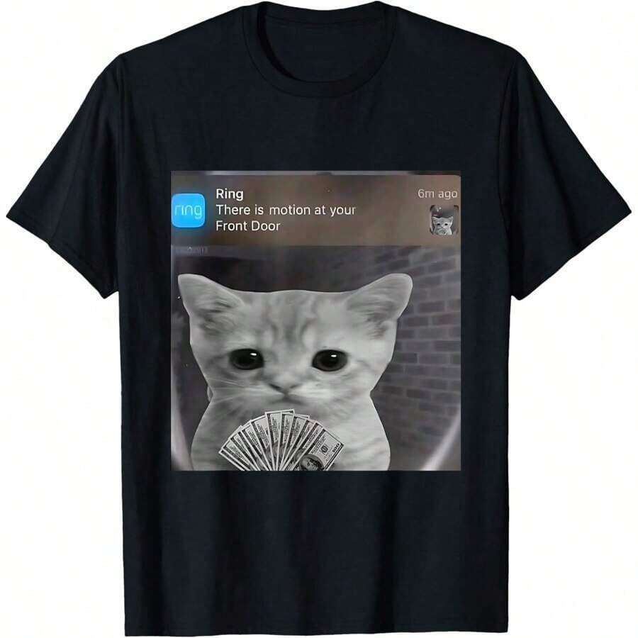Camiseta Divertida con Meme de Gato con Movimiento, Camiseta de Algodón Grueso Clásica de Manga Corta, Estampada con Gráficos, Top Casual de Manga Corta para Mujer - Negro - Ver 1