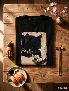 Women's Clothing, Fun Japanese Style With Black Cat Eating Sushi Print, Korean Version, Comfortable And Versatile Retro Fashion For Daily Travel, Y2k Women's Clothing. Short-Sleeved, Round-Neck, Fitted, Black, Niche Punk Style, From The Washed Retro Series, Comfortable, Made Of Pure Cotton, Which Allows You To Easily Create Retro Casual Clothes, Suitable For Daily Commute, Casual Outings, Daily Use, Classic Retro Clothing For Women. - 黑色 - 查看 1
