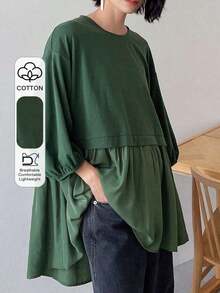 Camiseta de mujer holgada de cuello redondo informal con hombros caídos, camiseta oversize con volantes de verano - Verde - Ver 12