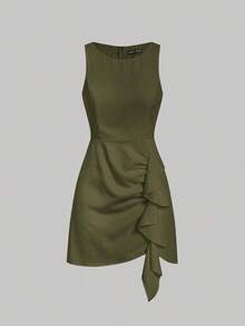 MOD Vestido plisado de color negro sólido para damas - Verde militar - Ver 1