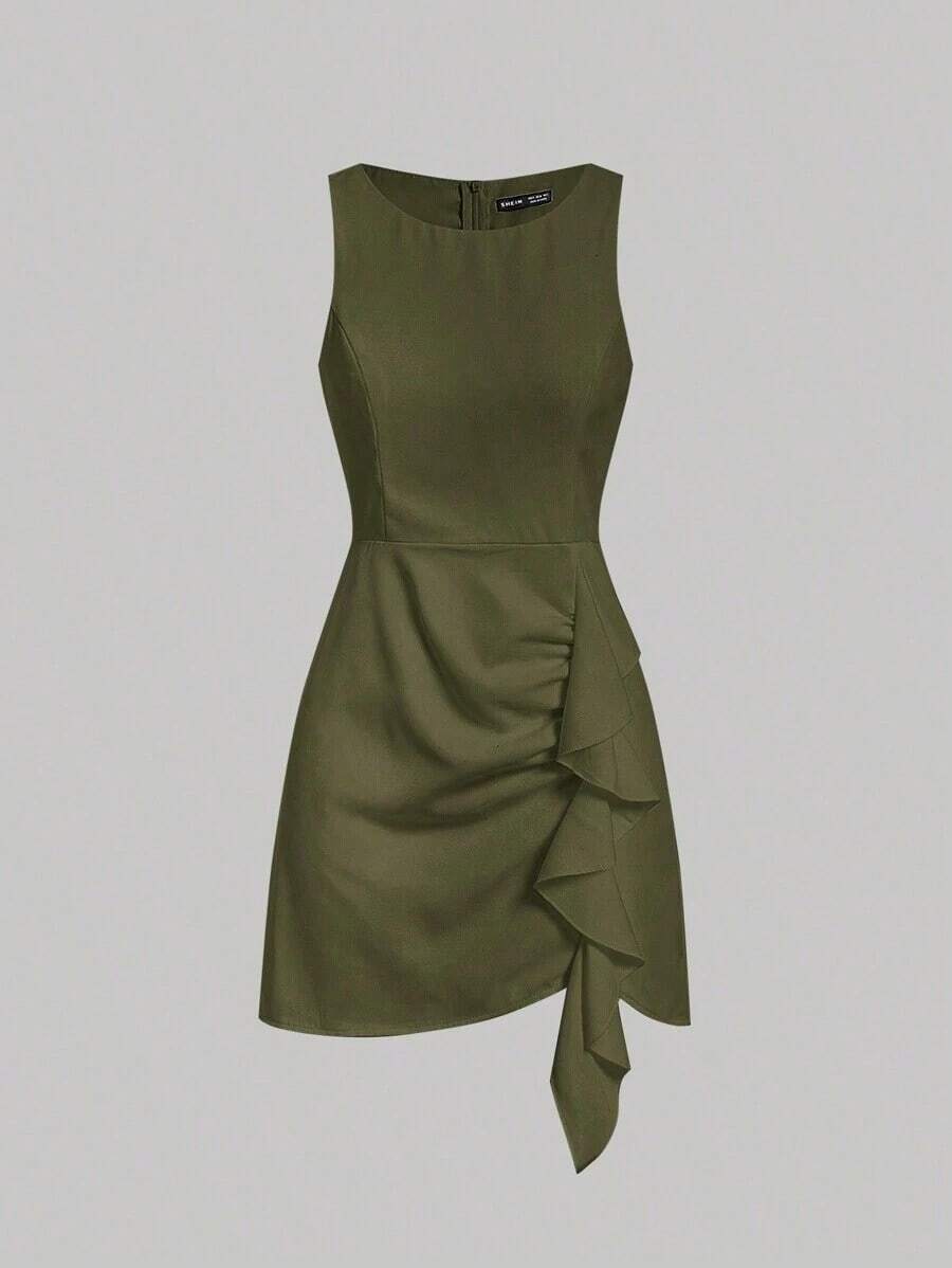 MOD Vestido plisado de color negro sólido para damas - Verde militar - Ver 1