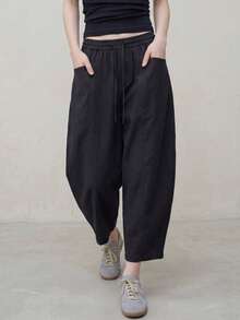 RRIVE Linen Blend Wide Leg Barrel Pants With Pockets High Waisted Drawstring Casual Relaxed Fit Flowy Trousers Summer Vocation Outfits Workout Bottoms - Ink Black - View 1