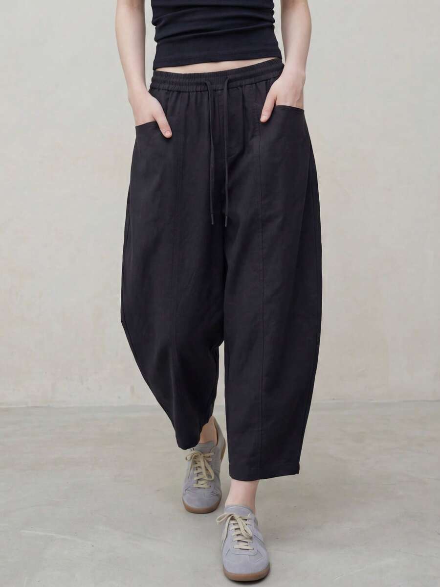 RRIVE Linen Blend Wide Leg Barrel Pants With Pockets High Waisted Drawstring Casual Relaxed Fit Flowy Trousers Summer Vocation Outfits Workout Bottoms - Ink Black - View 1
