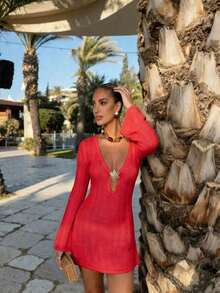 Vestido de manga larga de punto para mujer, estilo de vacaciones en la playa - Sello - Ver 3