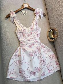 Nuevo vestido elegante con estampado, cuello en V y cintura con lazo - Multicolor - Ver 2
