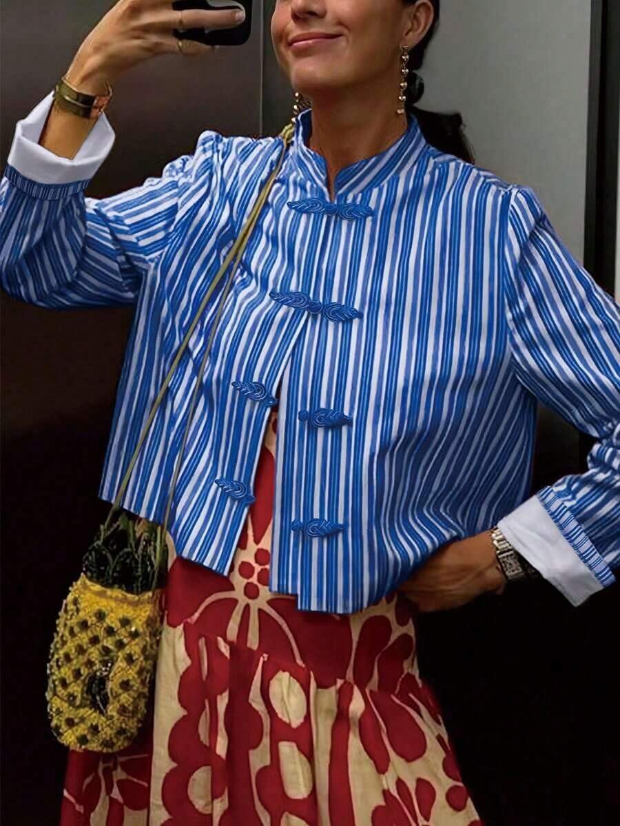 Nueva camisa elegante y con estilo de manga larga con botones delanteros a rayas, adecuada para vacaciones, viajes y uso diario en primavera - Azul - Ver 1