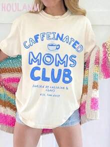 Camiseta de manga corta informal para mujer, estilo retro, con estampado de café y la frase "Caffeinated Moms Club", para vacaciones de verano. |   Tops de primavera, camiseta de manga corta de talla grande, ropa de mujer, ropa de verano para mujer - Blanco - Ver 6