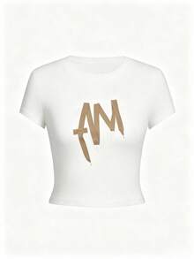 Playera cuello redondo manga corta para mujer, modelo nuevo de verano con estampado de letras, corte ajustado y largo corto, estilo juvenil muy bonito para looks casuales, salidas y uso diario YQSK - Blanco - Ver 2