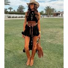 Conjunto de vestido corto sin mangas con volantes de gasa para mujeres elegante y cómodo perfecto para vacaciones de primavera y verano moda casual - Negro - Ver 3