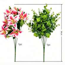 Ramos artificiales de lirios de eucalipto, arreglos florales artificiales realistas, lirios artificiales rojos y blancos con hojas verdes, adecuados para decoraciones de mesa en el hogar, fiestas de boda y decoraciones florales DIY. - Multicolor - Ver 6