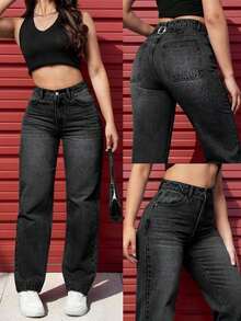 Jeans de pierna recta de talle alto - Negro - Ver 7