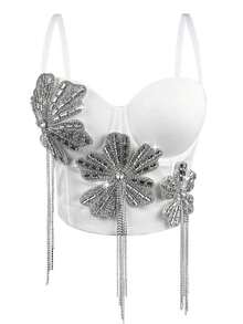 Camiseta sin tirantes con flores brillantes y diamantes negros, top de corsé de columna vertebral sexy para mujer, informal de verano - Blanco - Ver 1