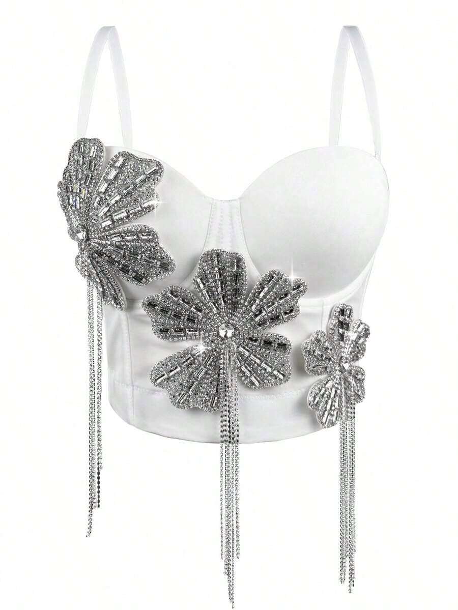 Camiseta sin tirantes con flores brillantes y diamantes negros, top de corsé de columna vertebral sexy para mujer, informal de verano - Blanco - Ver 1